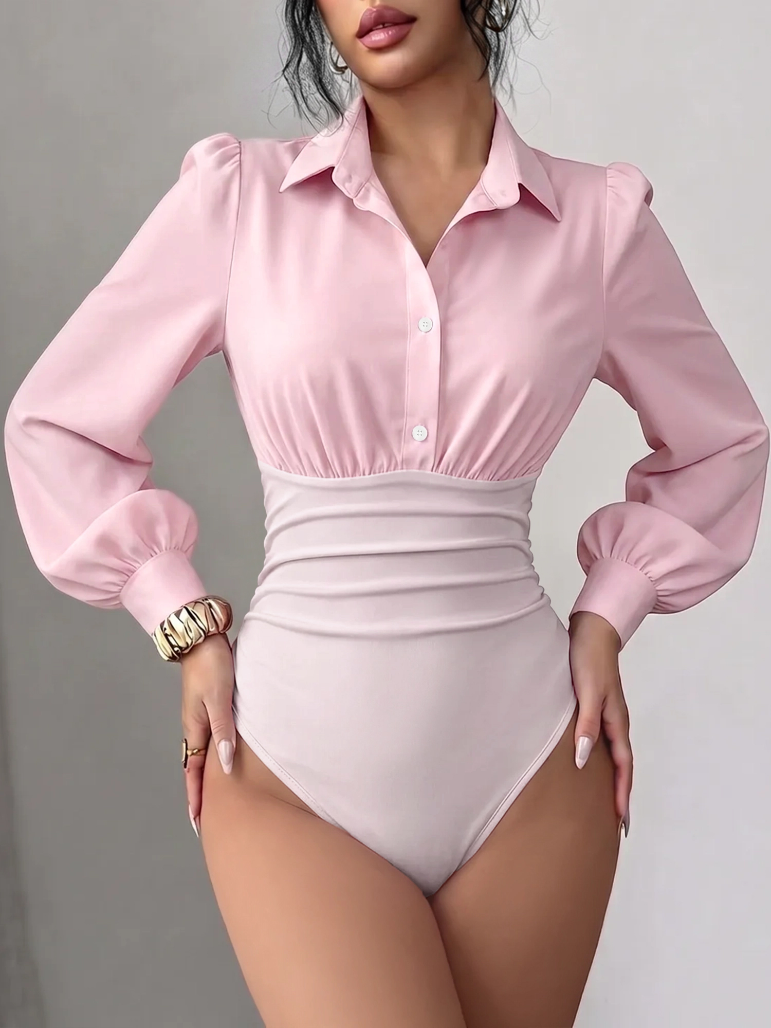 Lapel Puff Long Sleeve Ruched Solid Color Bodysuit Pink/L