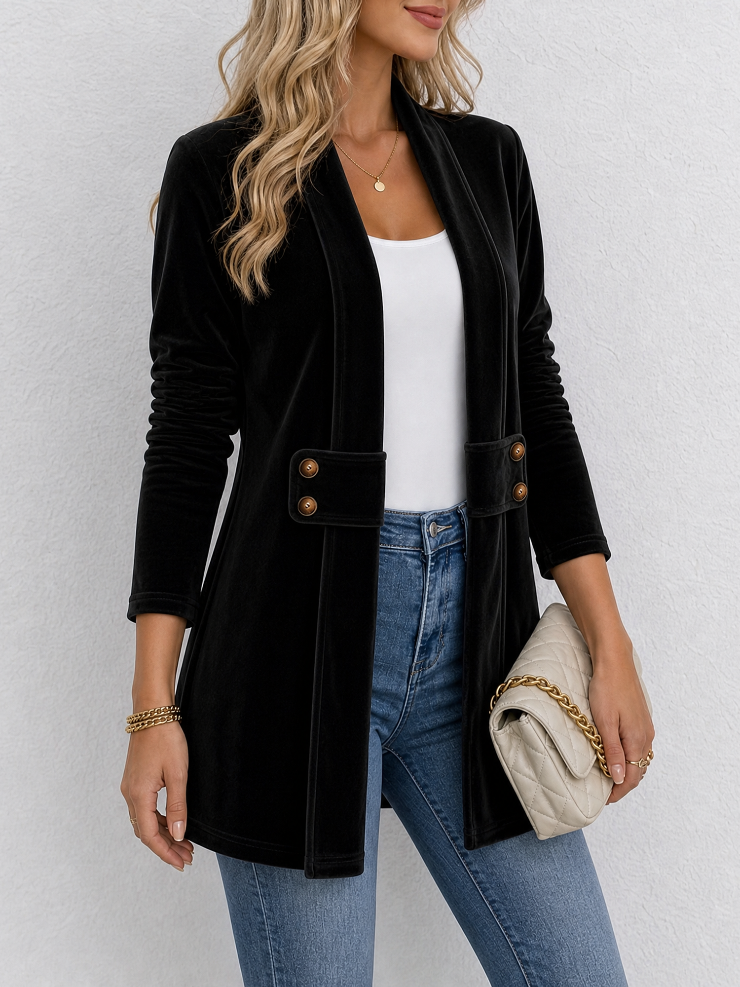 Velvet Long Sleeves Buttoned Open Front Jacket Black/L