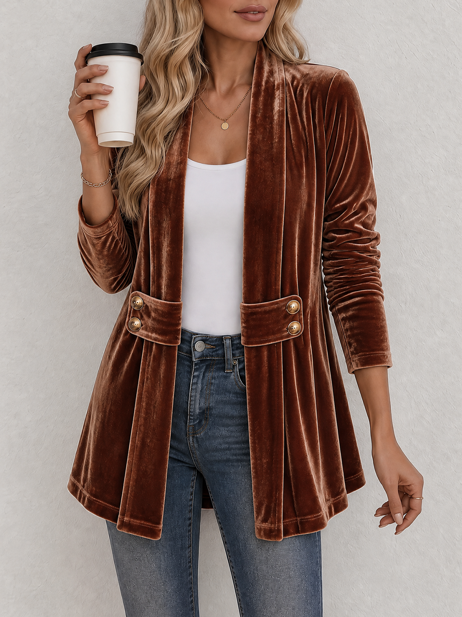 Velvet Long Sleeves Buttoned Open Front Jacket Dark Brown/L