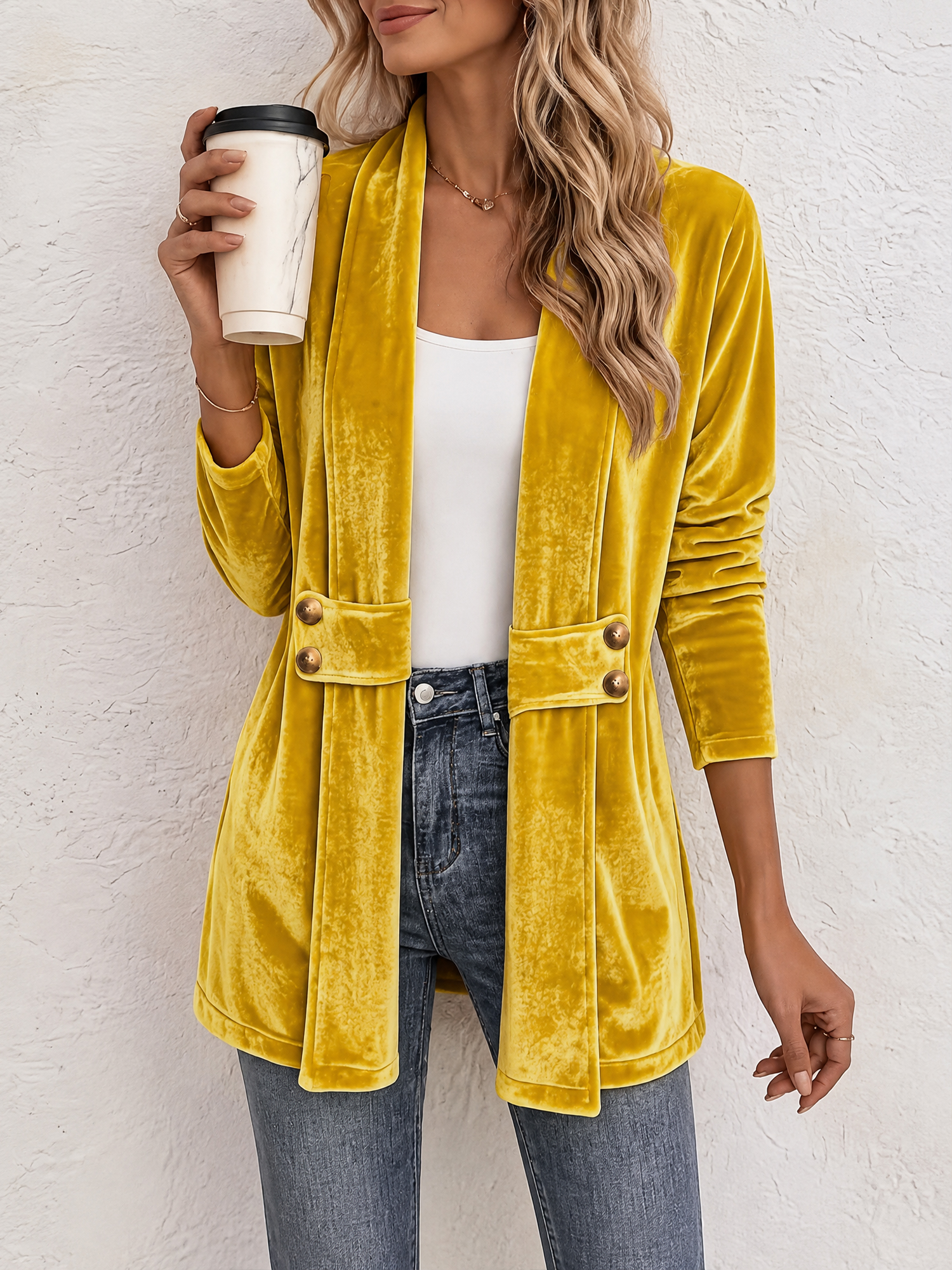 Velvet Long Sleeves Buttoned Open Front Jacket Gold/S