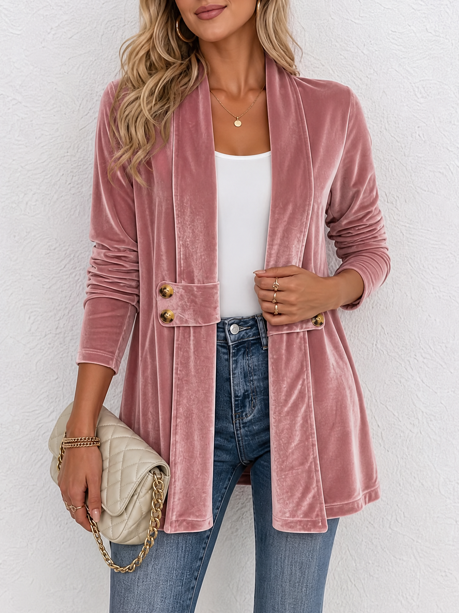 Velvet Long Sleeves Buttoned Open Front Jacket Pink/2XL
