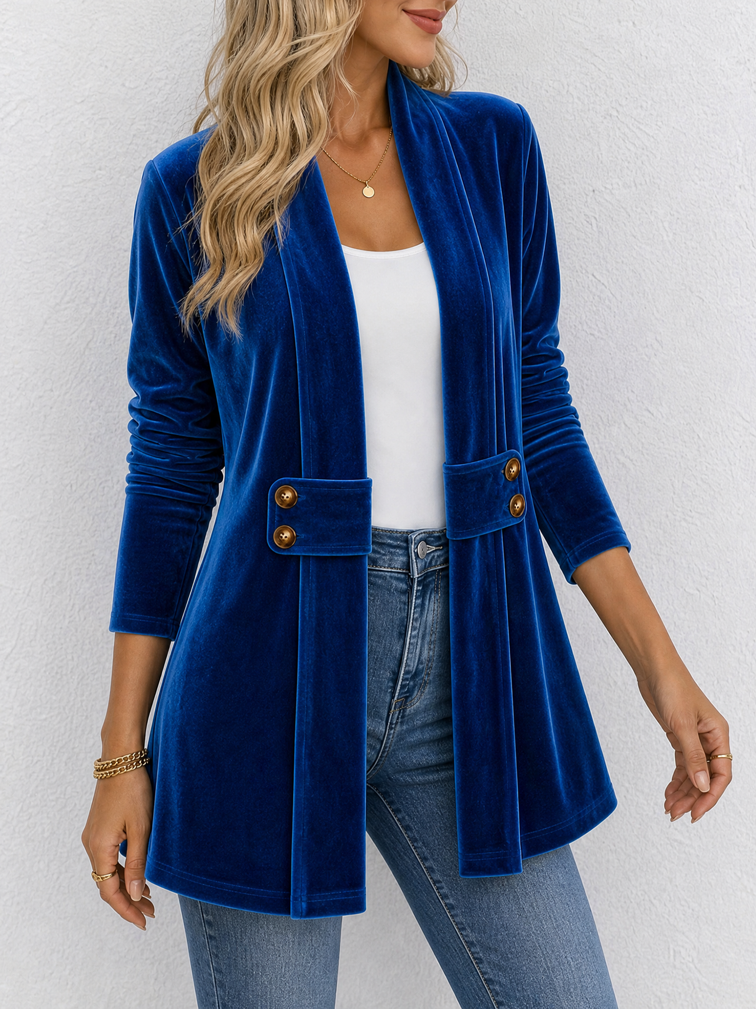 Velvet Long Sleeves Buttoned Open Front Jacket Royal Blue/S