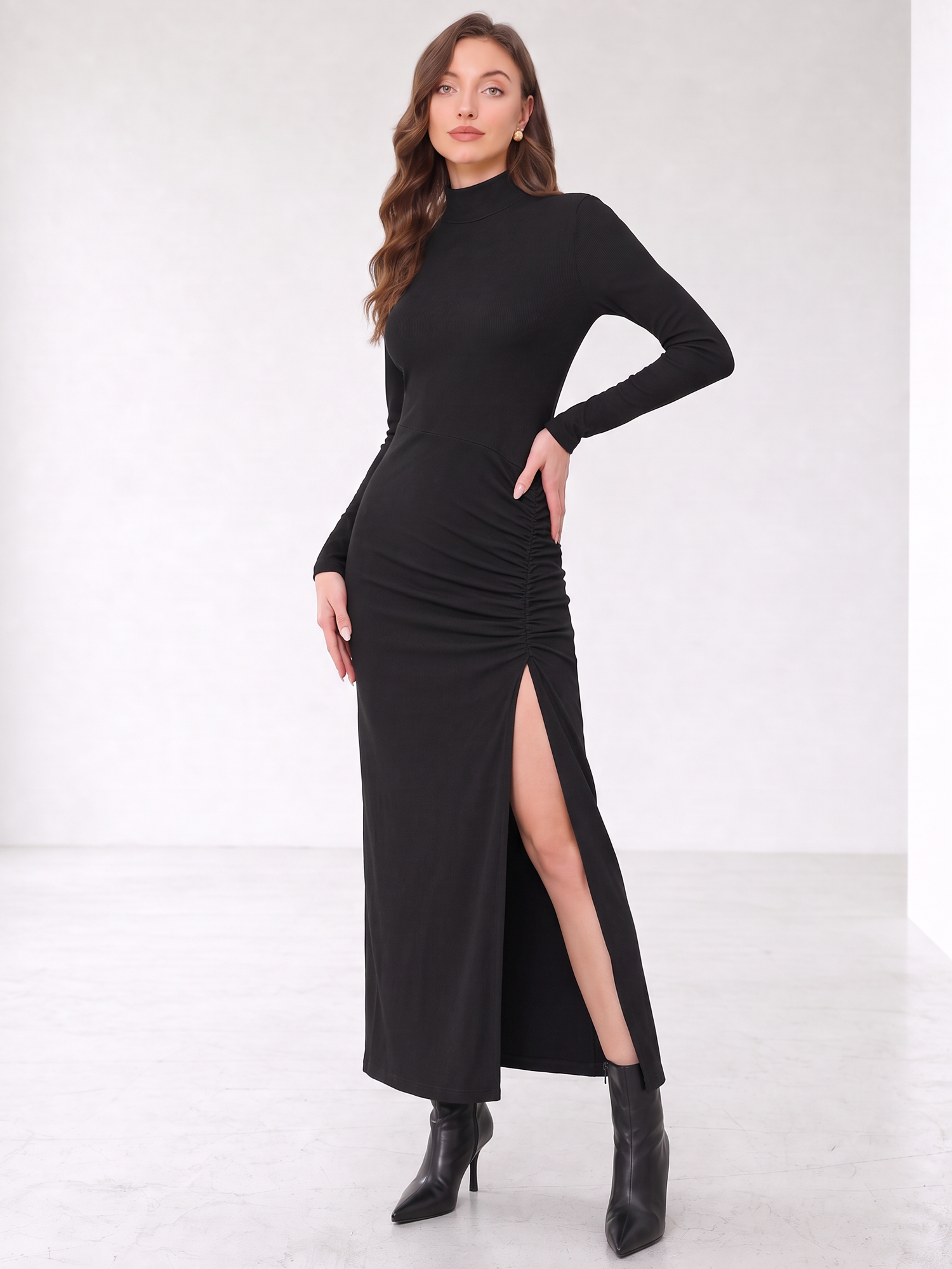 Mock Neck Ruched Slit Maxi Bodycon Knit Dress Black/L