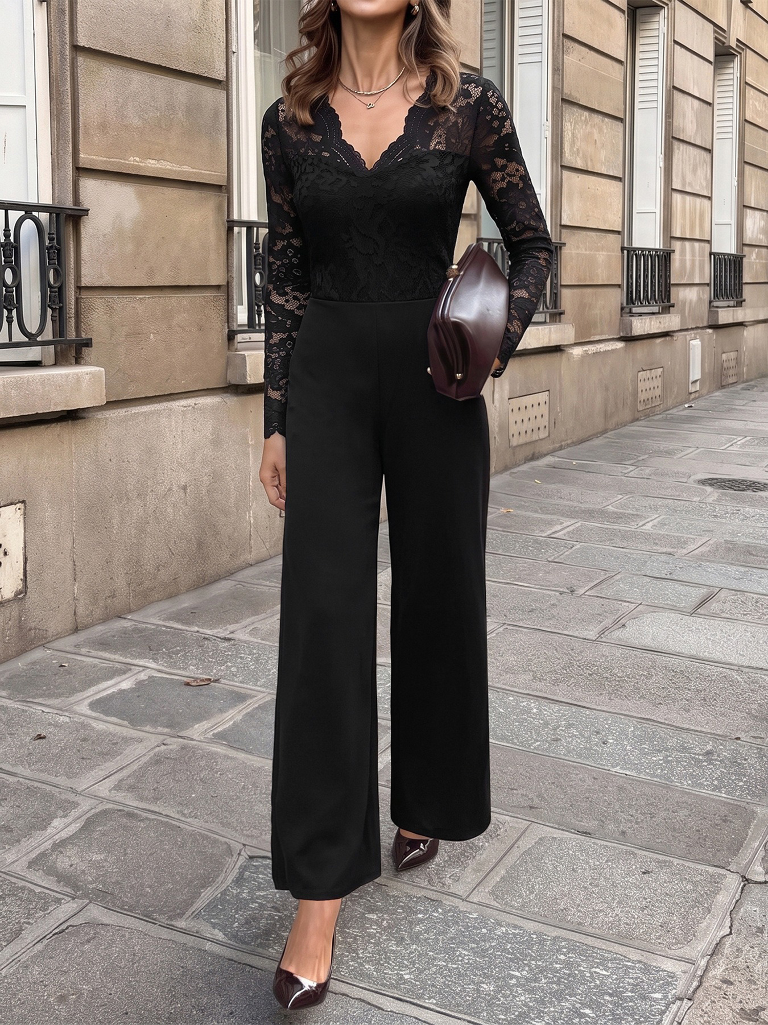 Lace Patchwork Long Sleeves Straight Legs Jumpsuits Black/S