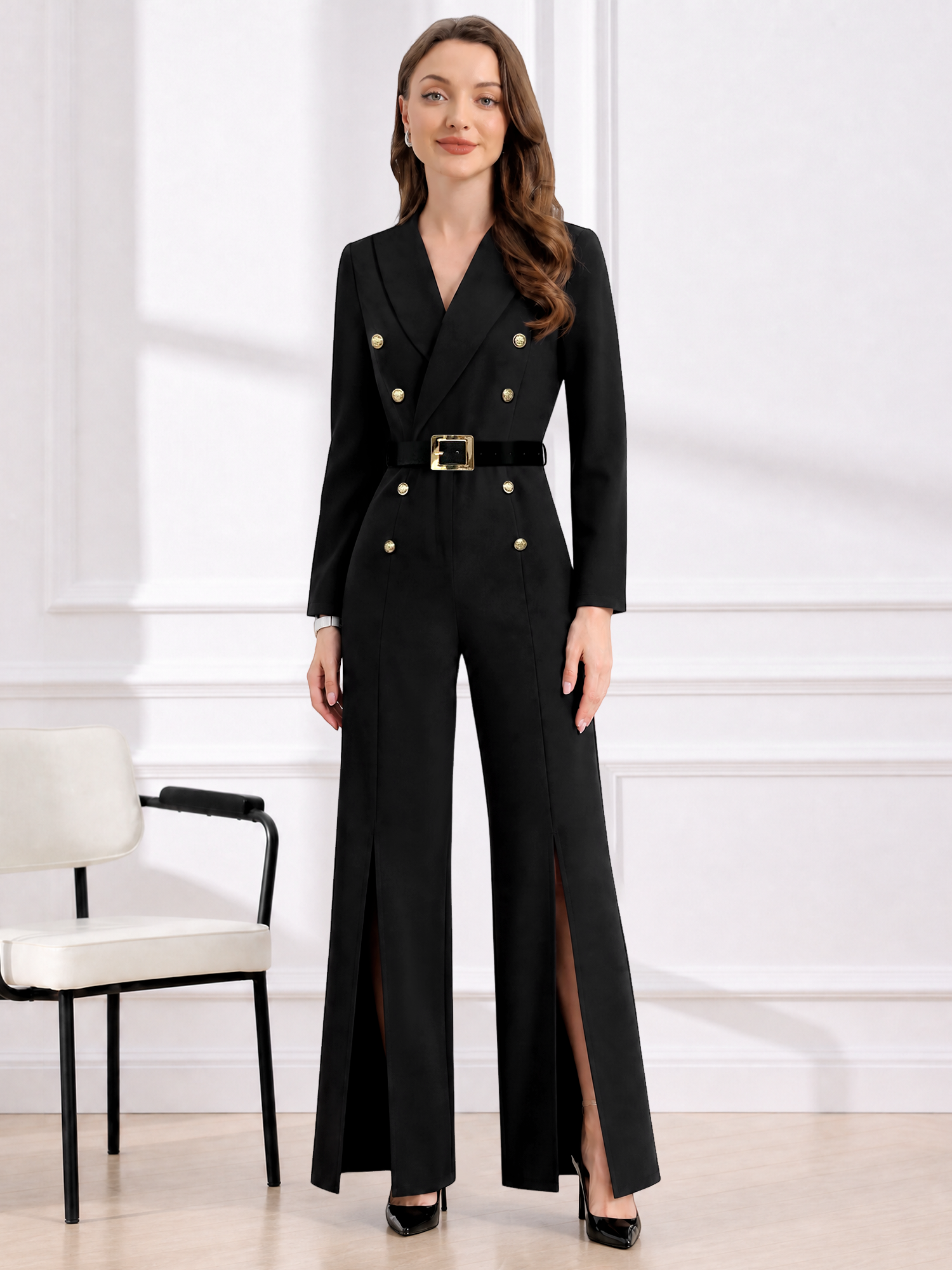 Shawl Collar Long Sleeves Belted Slit Straight Legs Jumpsuits Black/XL