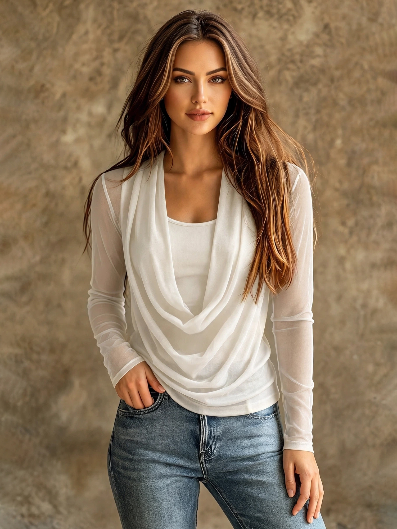 2 Pieces Cowl Neck Mesh Sheer Long Sleeves Blouse & Camis White/M