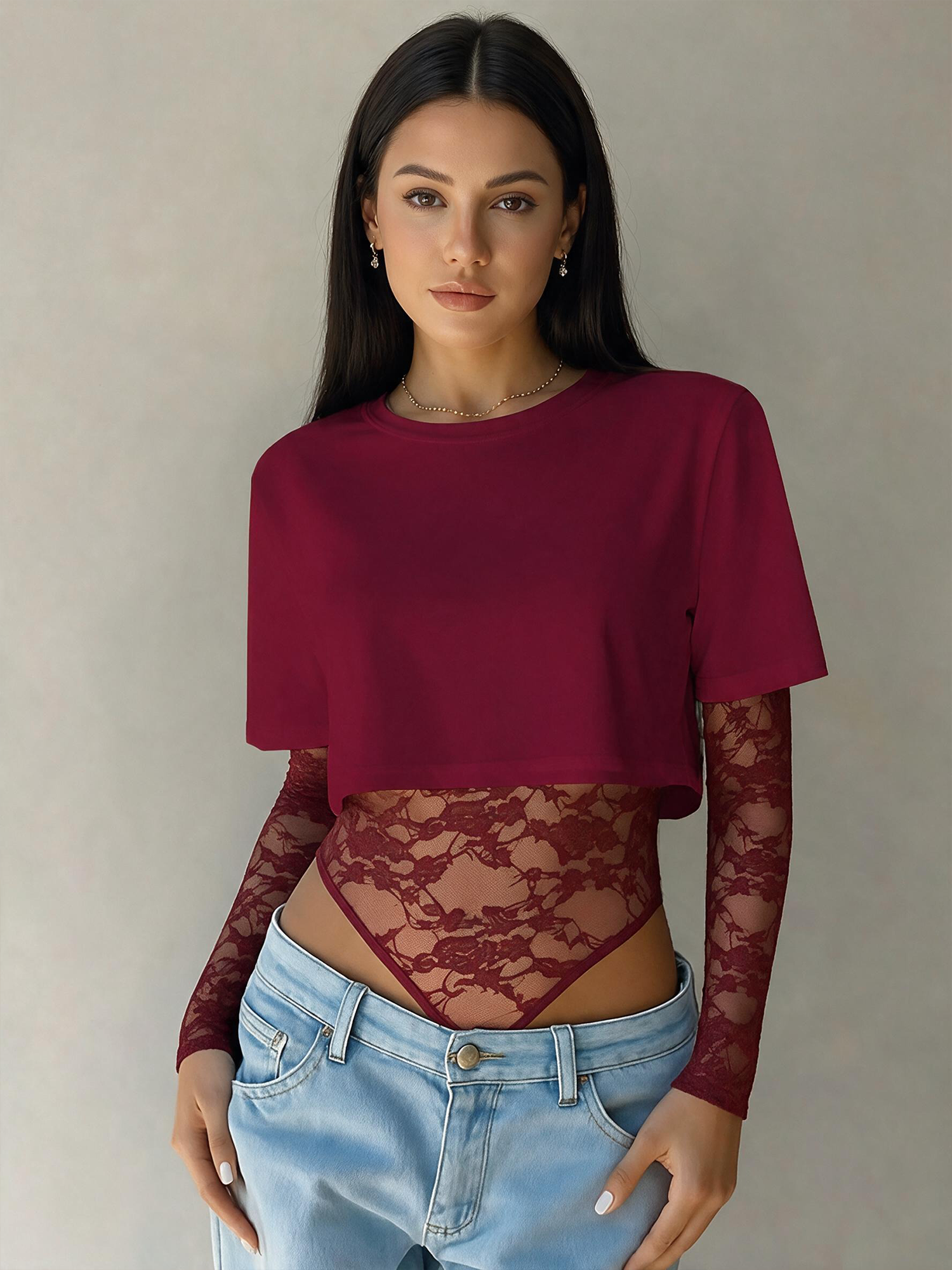 Y2K Sheer Lace Patchwork Long Sleeves Bodysuit Burgundy/S