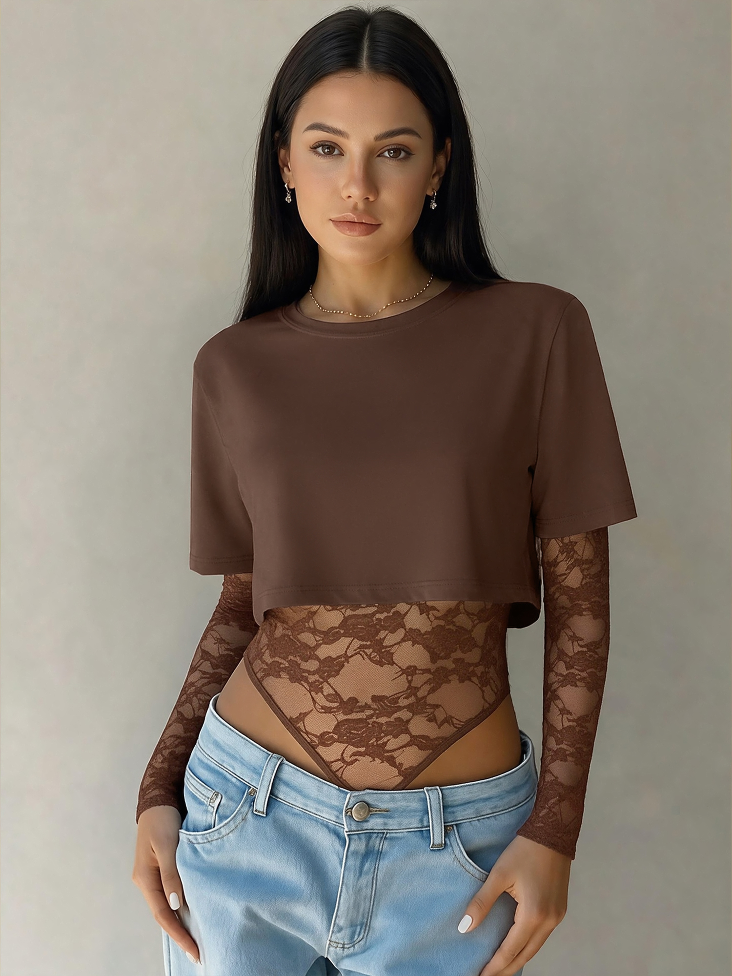 Y2K Sheer Lace Patchwork Long Sleeves Bodysuit Coffee/S