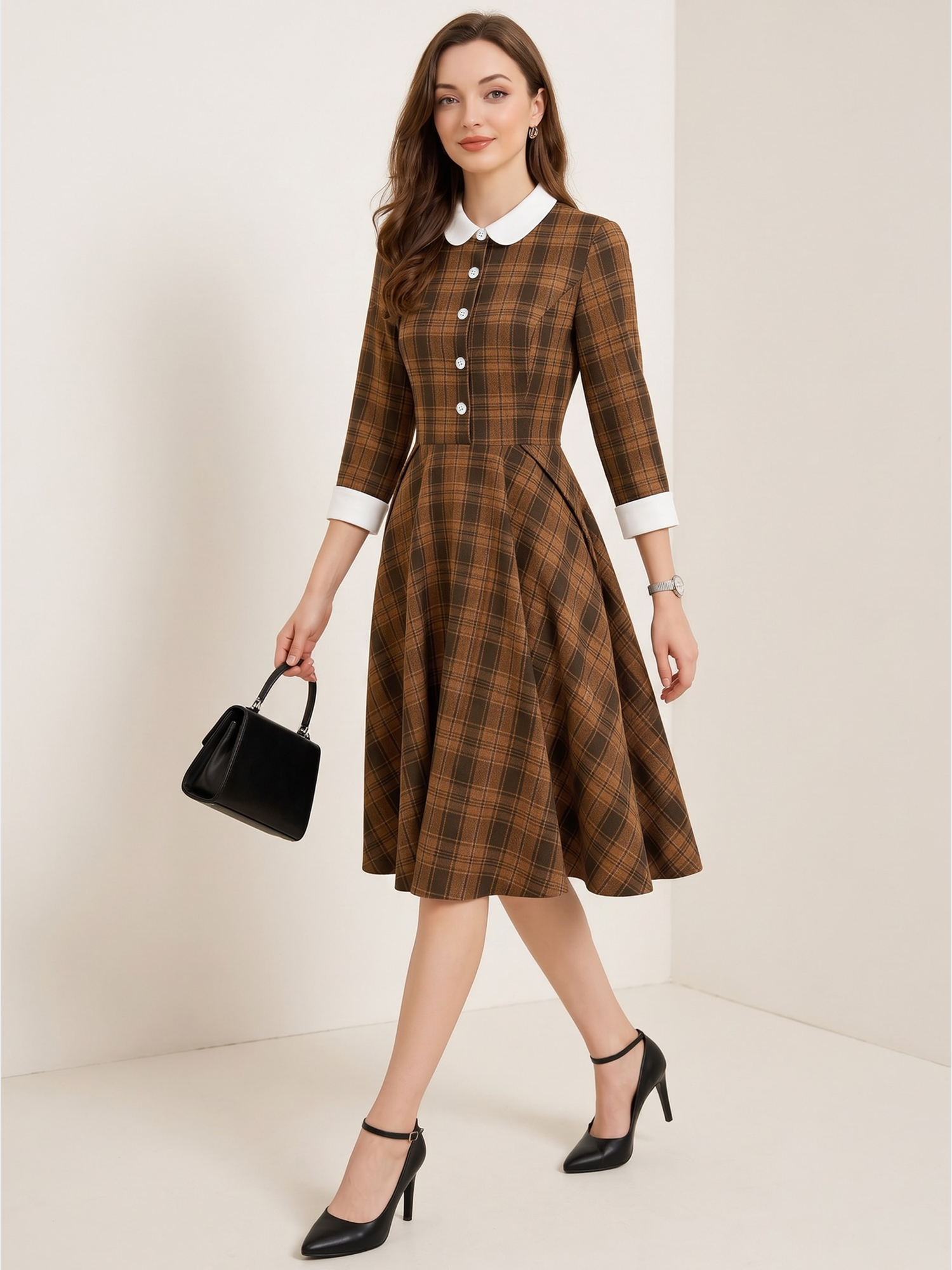 Retro Style Peter Pan Collar Plaid Swing Midi Dress Coffee/S