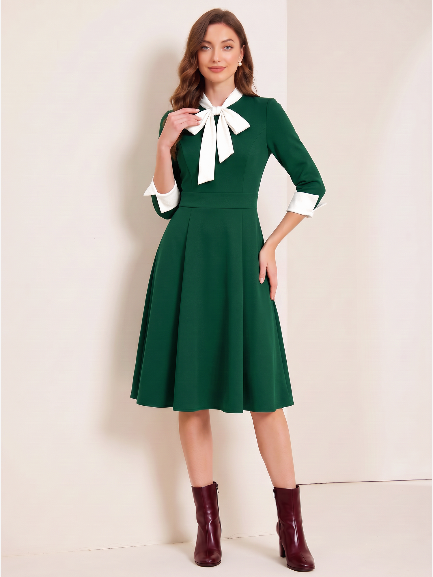 Retro Colorblock Bow Tie Neck 3/4 Sleeves Midi Dress Dark Green/XS