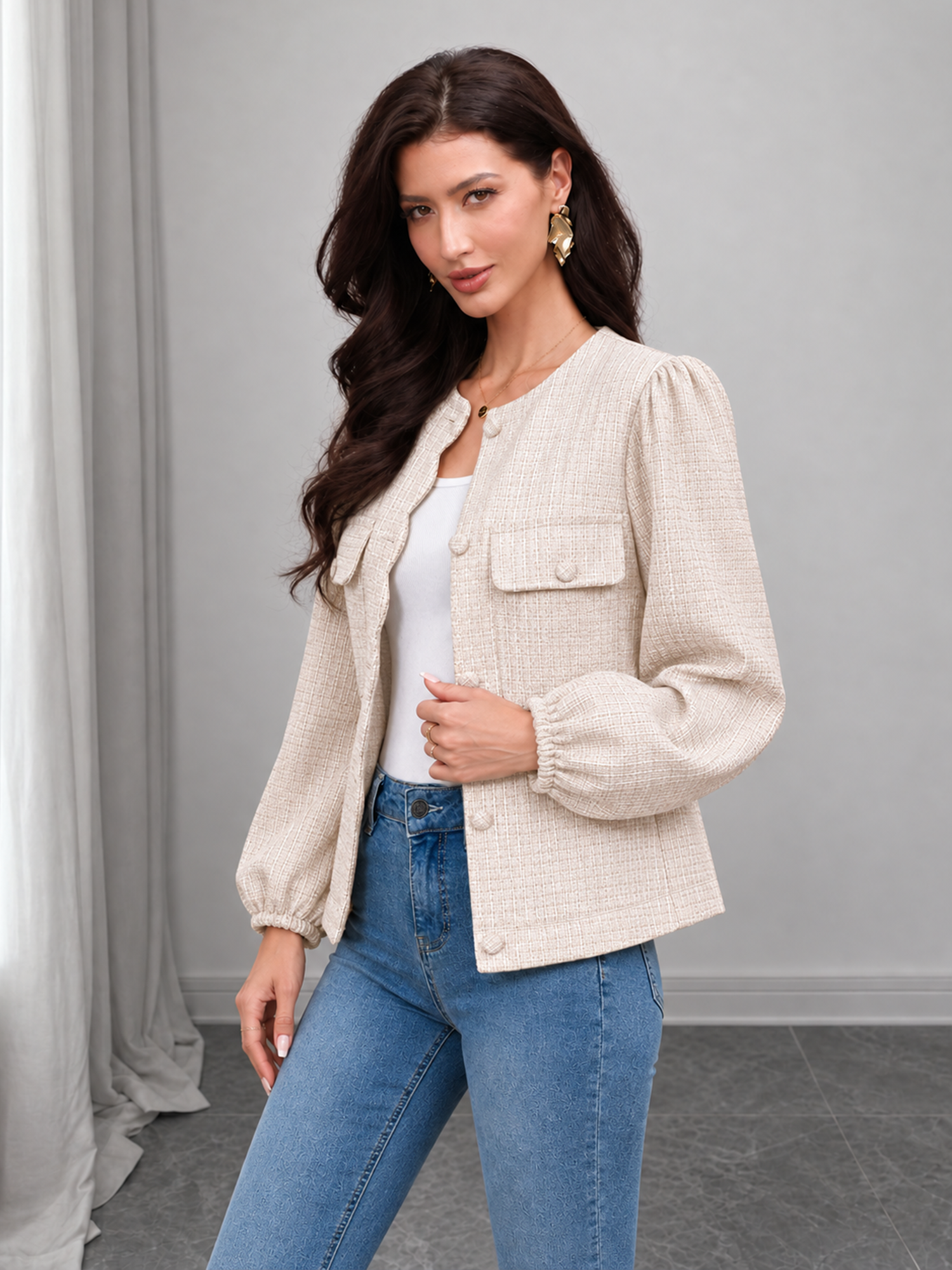 Tweed Puff Sleeves Collarless Button Down Jacket Apricot/L