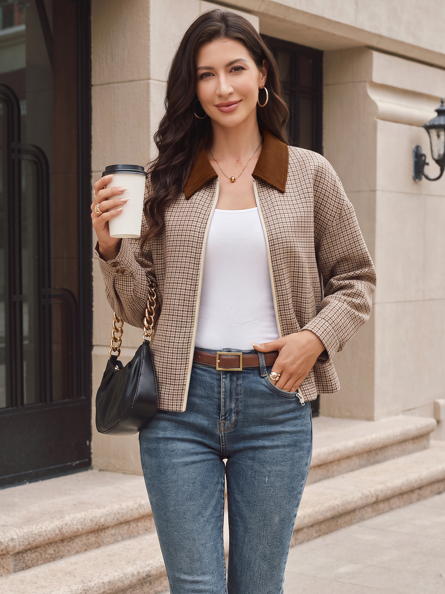 Korean retro style houndstooth patchwork lapel short jacket for women Brown/L