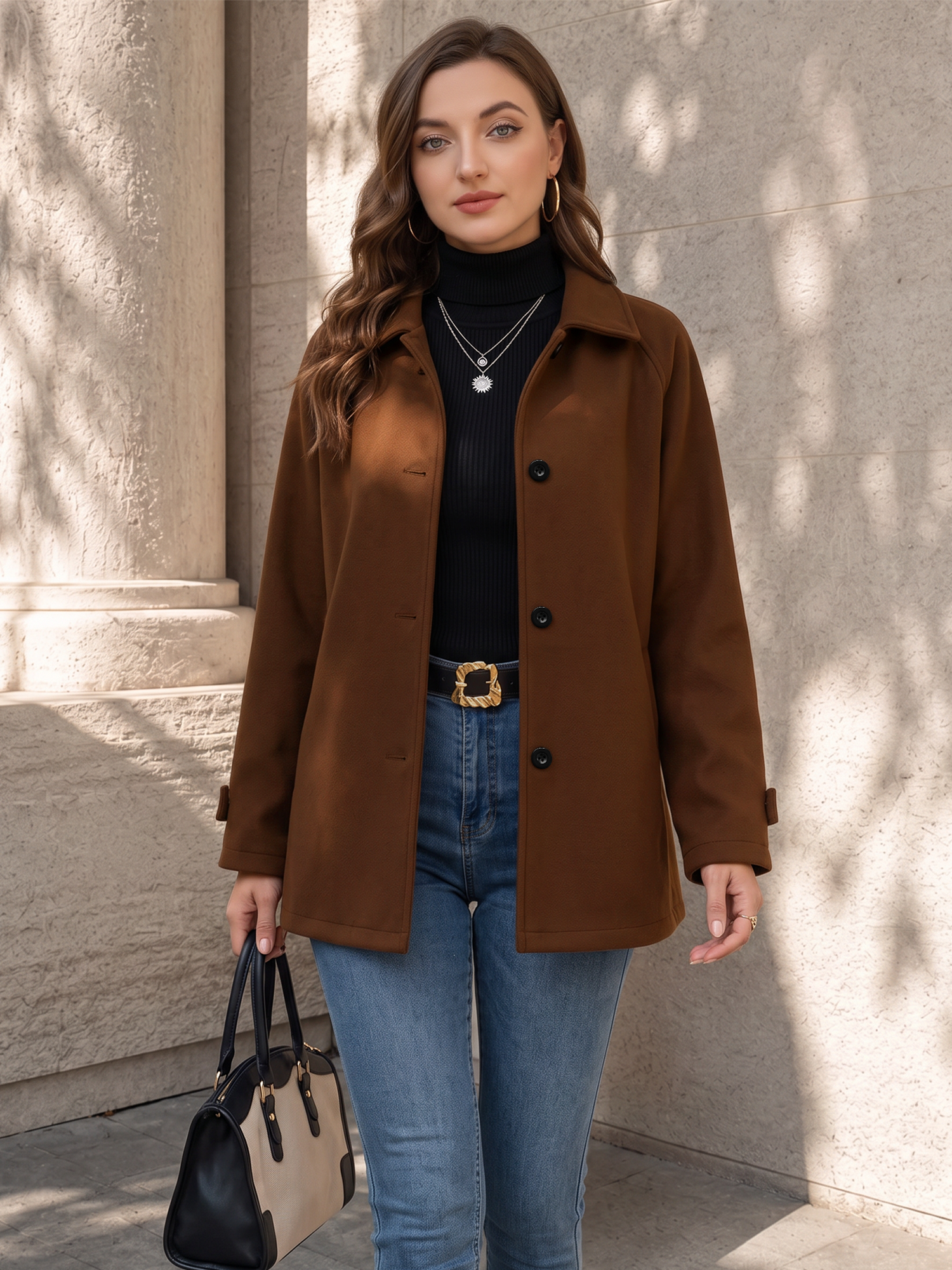 Pointed Collar Long Sleeves Button Down Jacket Coffee/S