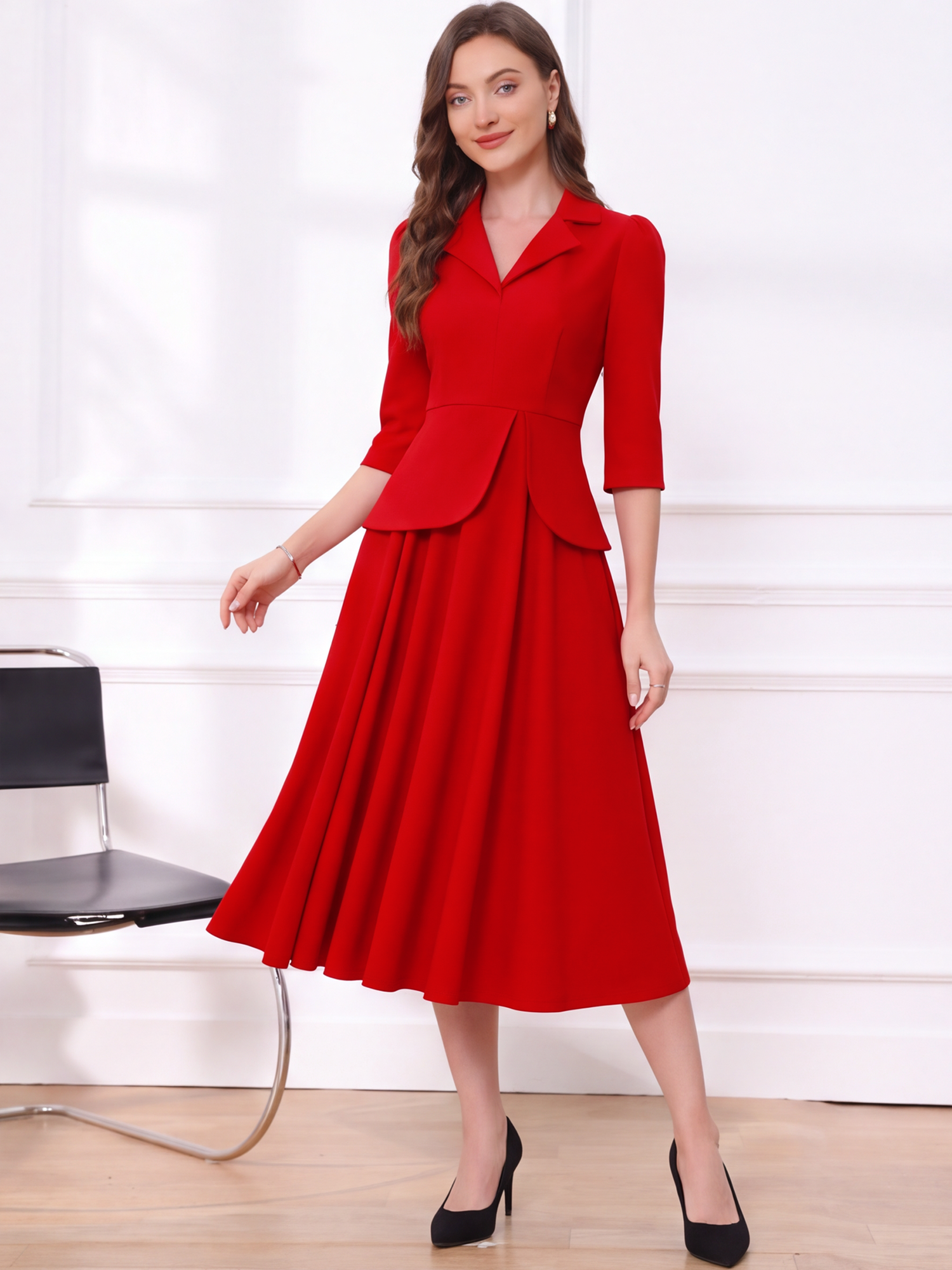 Notched Lapel Puff 3/4 Sleeves A-Line Midi Dress Red/XS