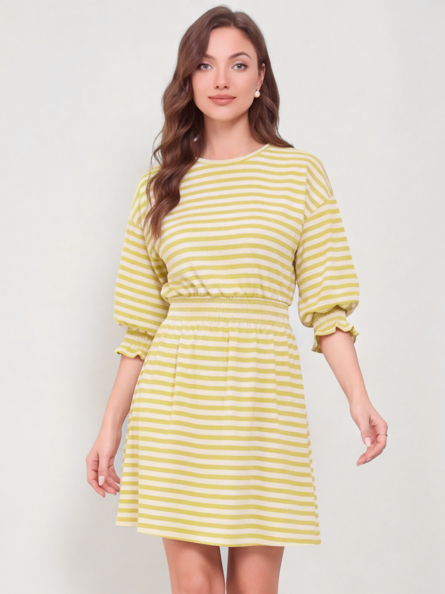 Casual Striped 3/4 Ruffled Sleeves Smocked Dress Light Yellow/L