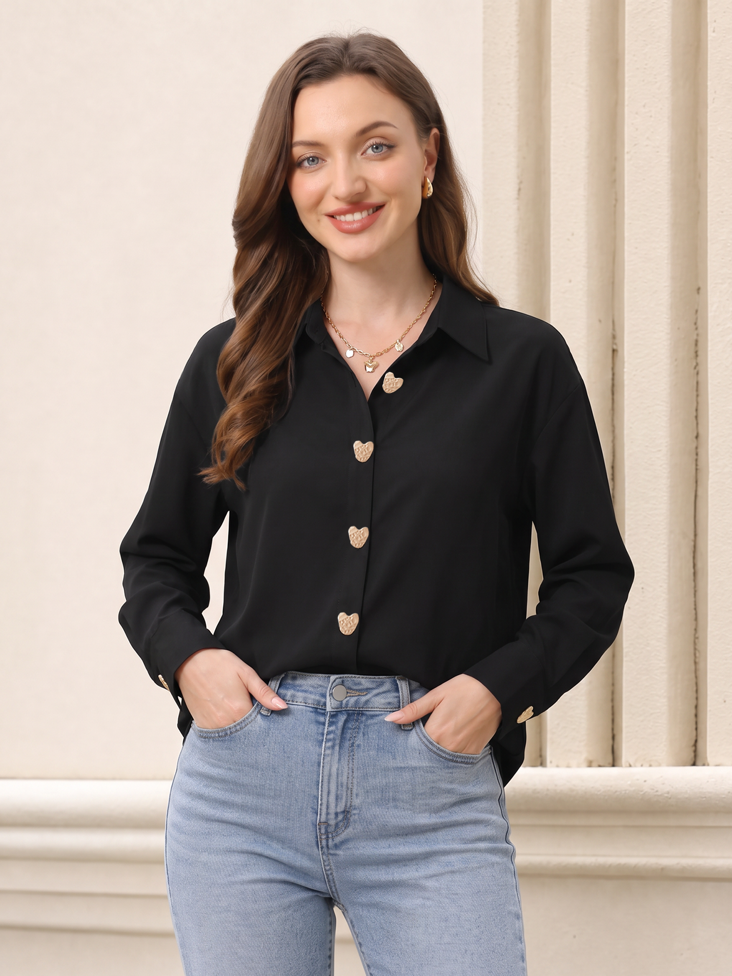 Heart Shape Alloy Button Long Sleeves Shirt Black/L