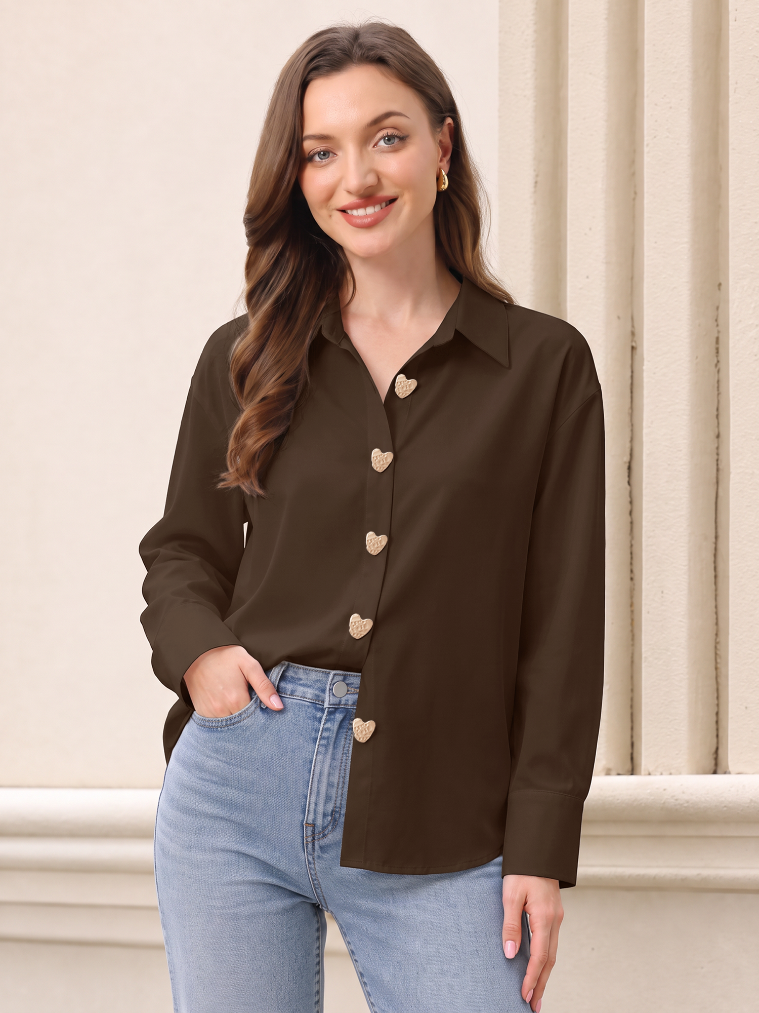 Heart Shape Alloy Button Long Sleeves Shirt Coffee/M