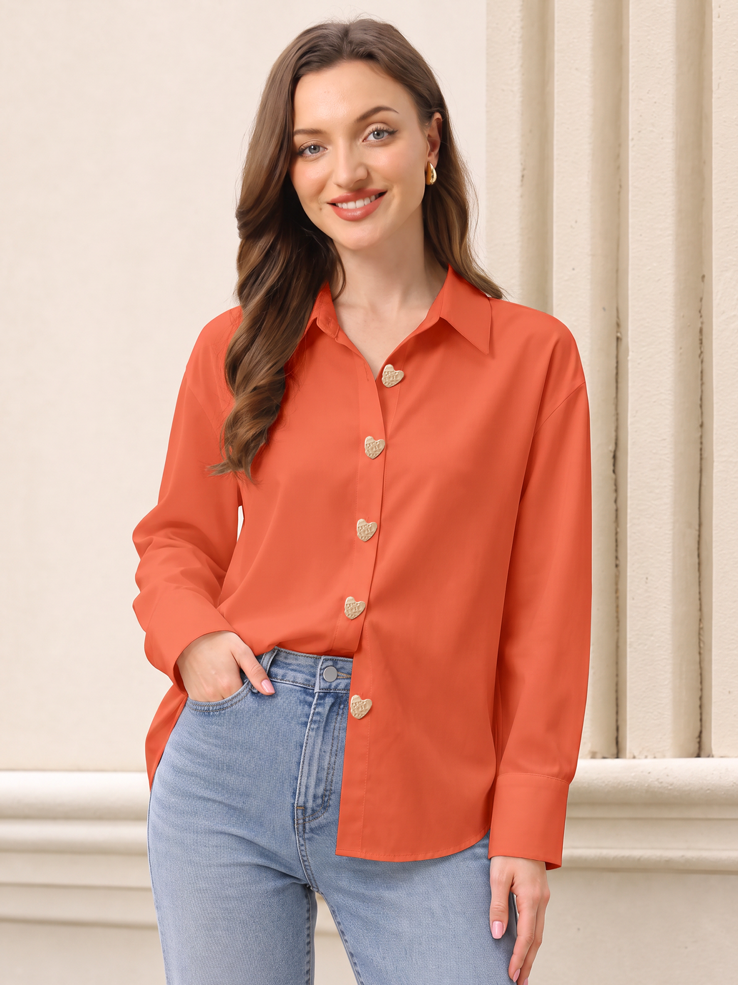 Heart Shape Alloy Button Long Sleeves Shirt Orange/L