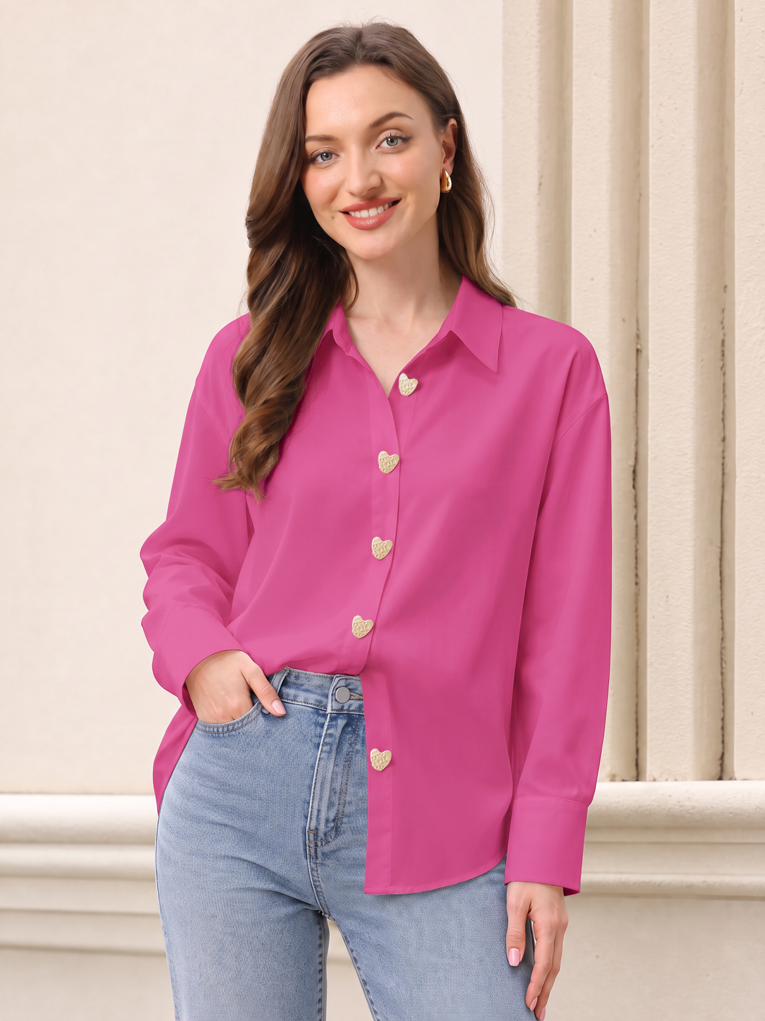 Heart Shape Alloy Button Long Sleeves Shirt Rose Red/M