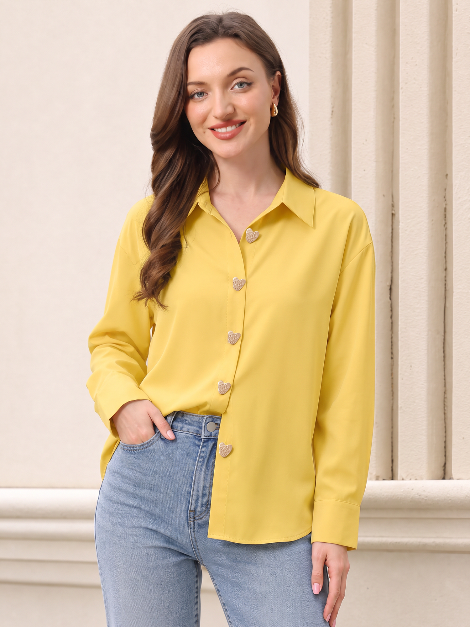 Heart Shape Alloy Button Long Sleeves Shirt Yellow/2XL