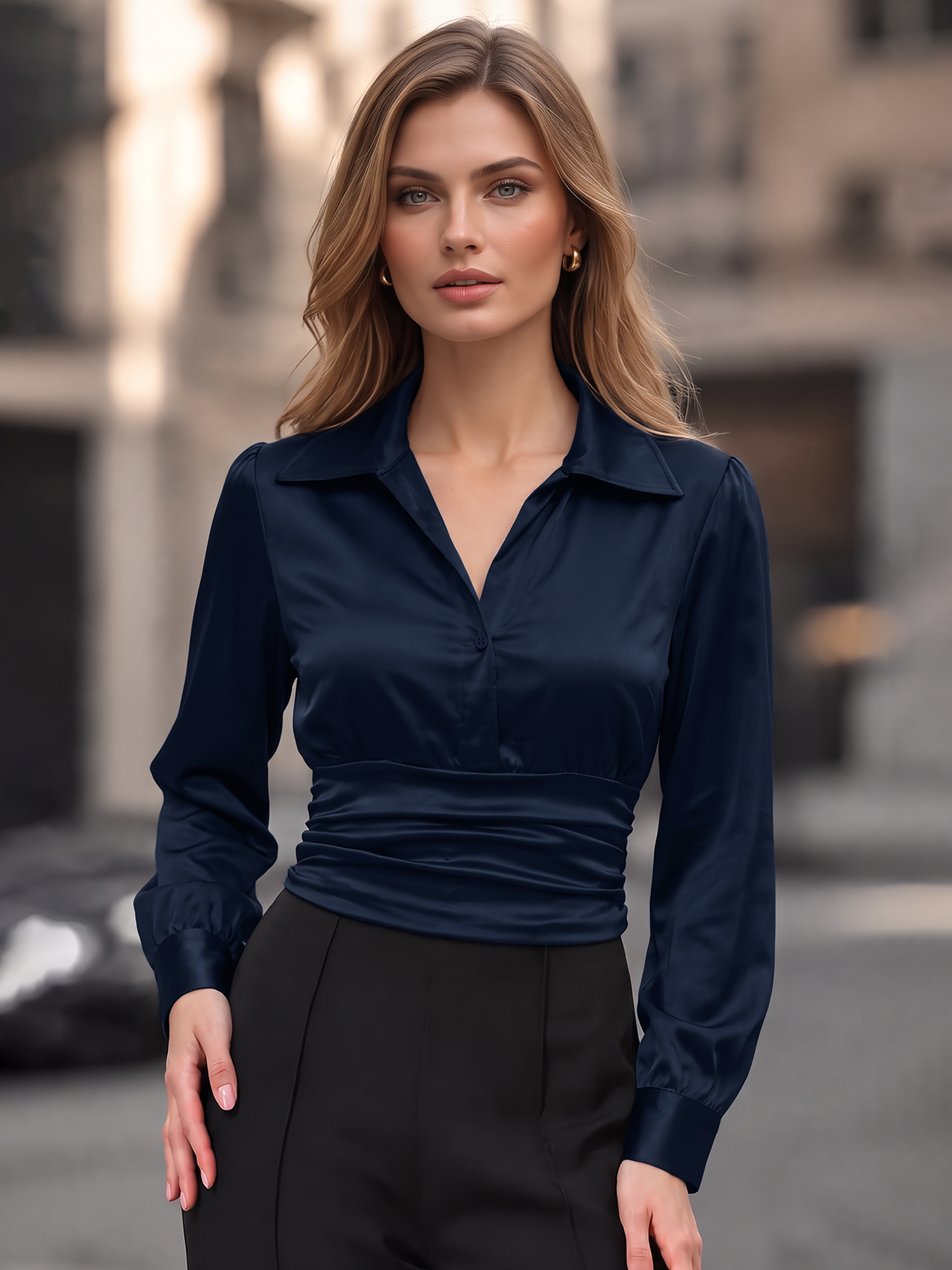 Satin Lapel Long Sleeves Ruched Cropped Top Navy Satin Lapel Long Sleeves Ruched Cropped Top Navy
