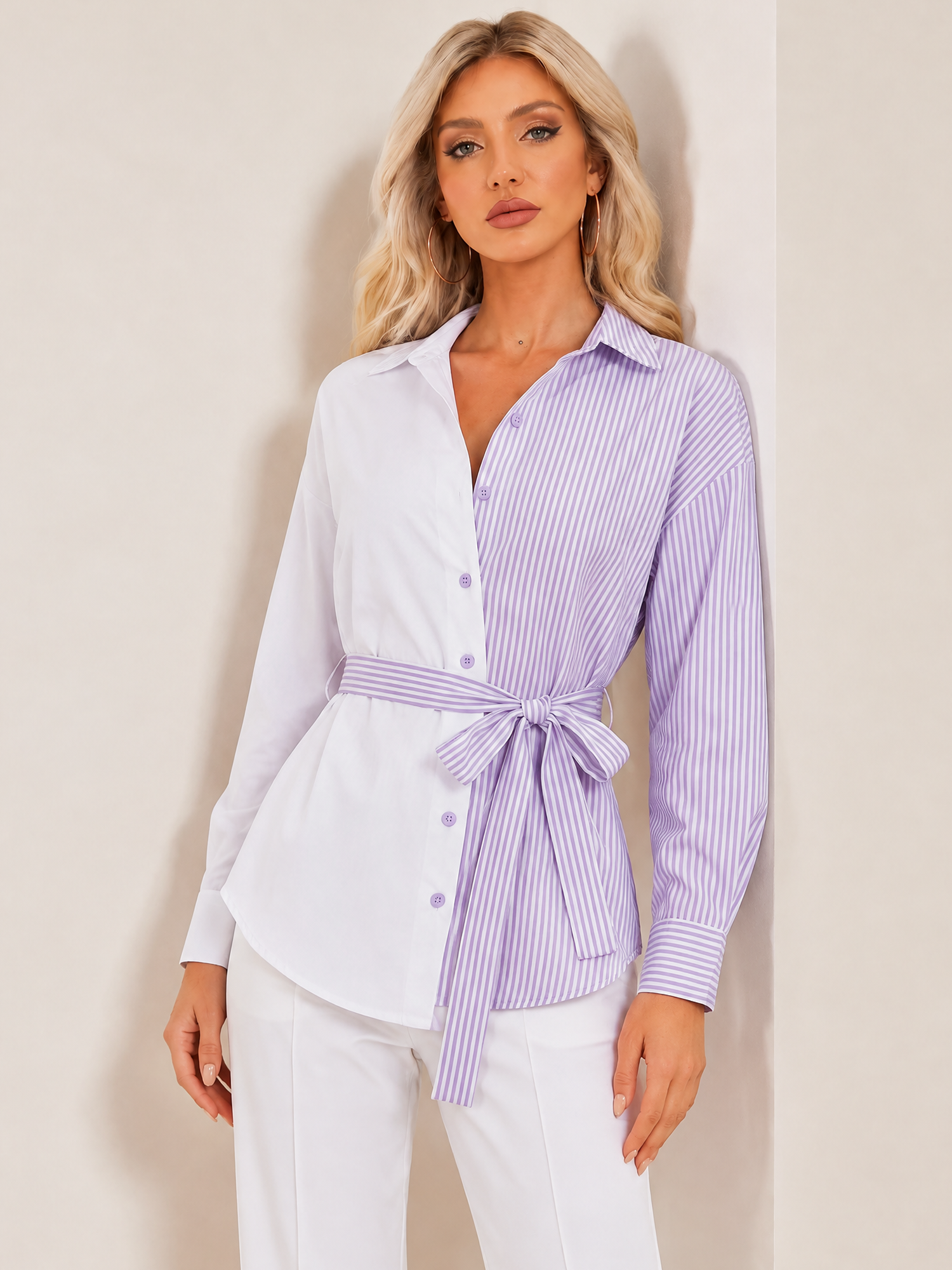 Colorblock Striped Long Sleeves Belted Blouse Purple/L