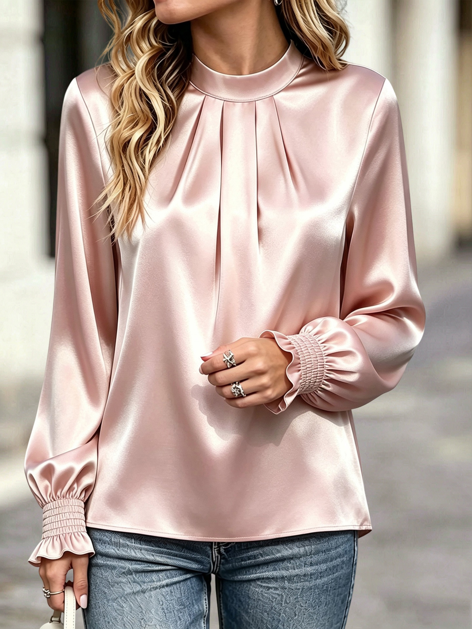 Satin Mock Neck Pleated Smocked Cuff Blouse Pink/XL
