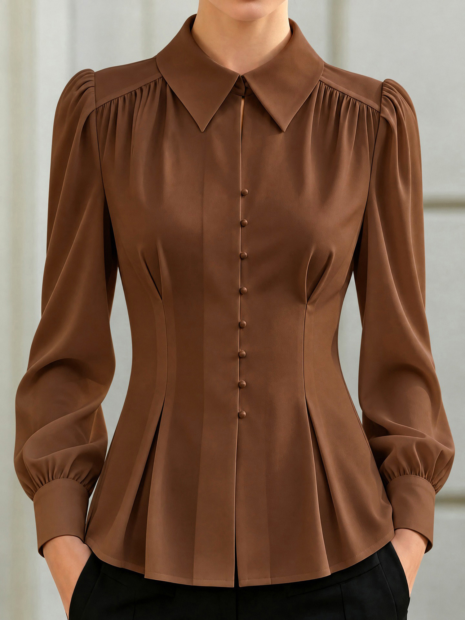 Faux Pearl Button Lapel Puff Long Sleeve Blouse Brown/S