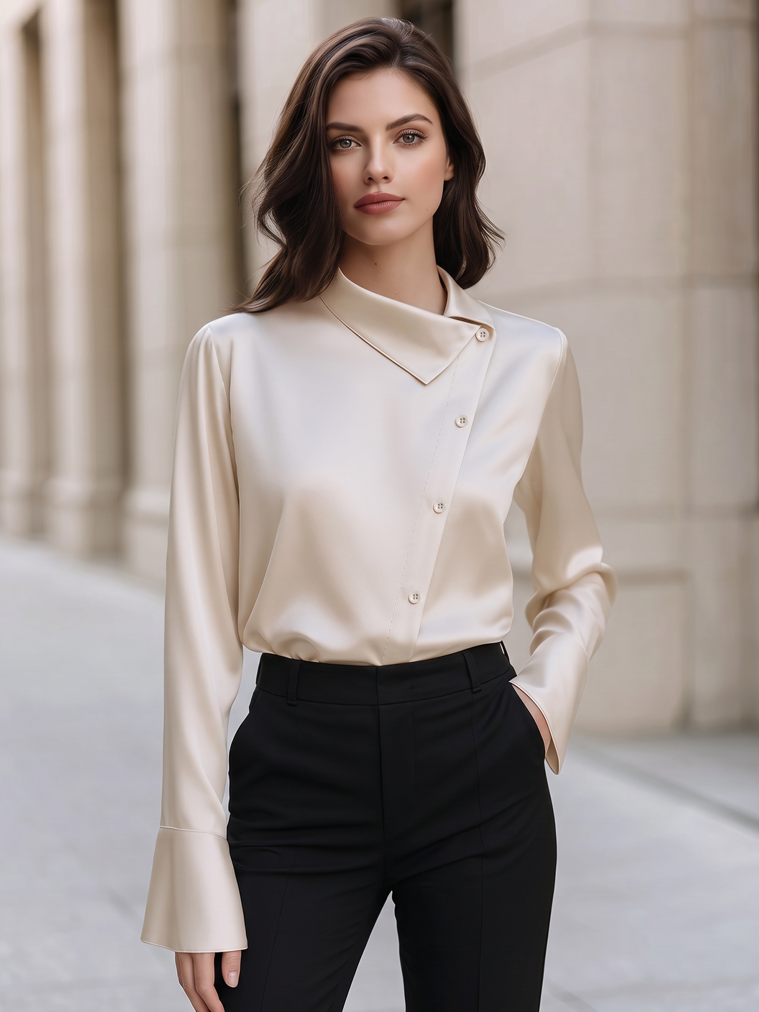 Satin Irregular Lapel Long Sleeves Work Office Blouse Apricot/M