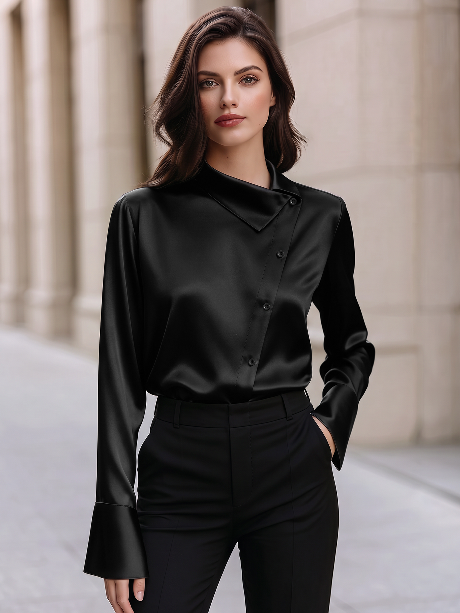 Satin Irregular Lapel Long Sleeves Work Office Blouse Black/XL