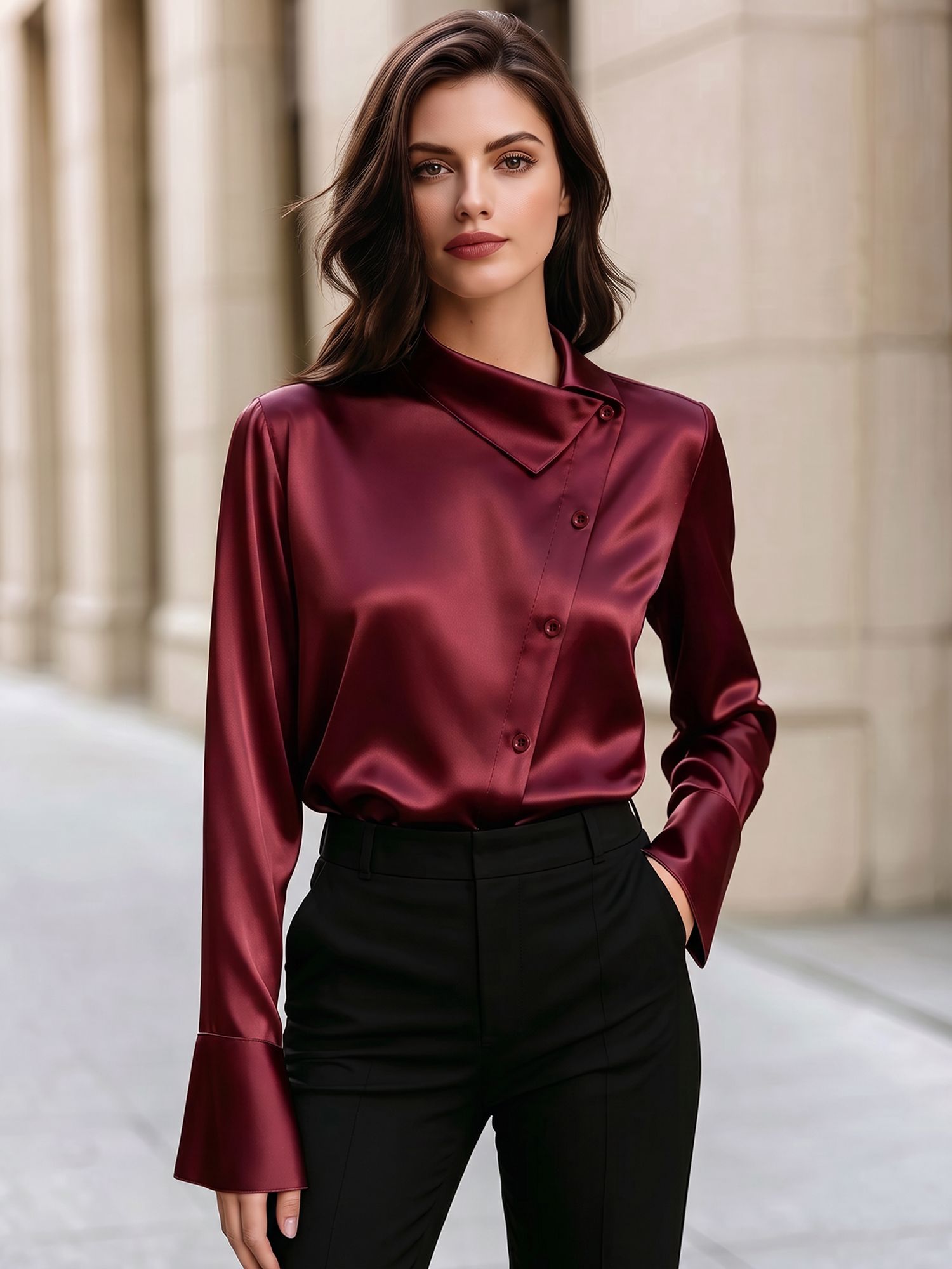 Satin Irregular Lapel Long Sleeves Work Office Blouse Burgundy/M