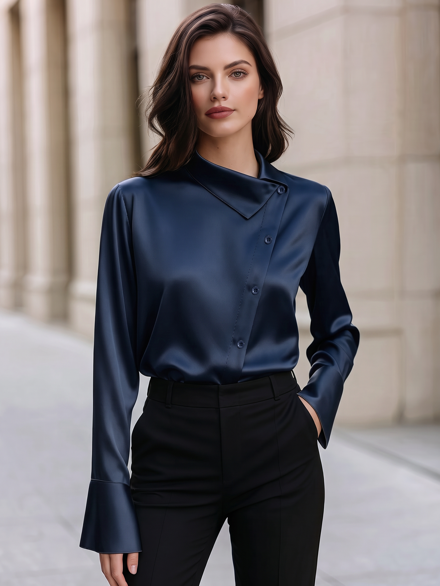 Satin Irregular Lapel Long Sleeves Work Office Blouse Navy Blue/XL