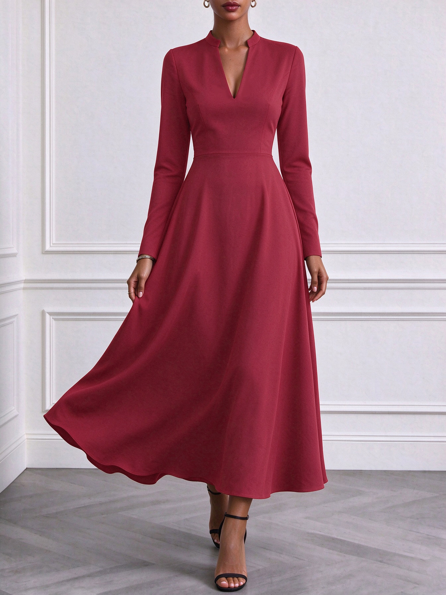 V Neck Long Sleeves Solid Color A-Line Dress Burgundy/M