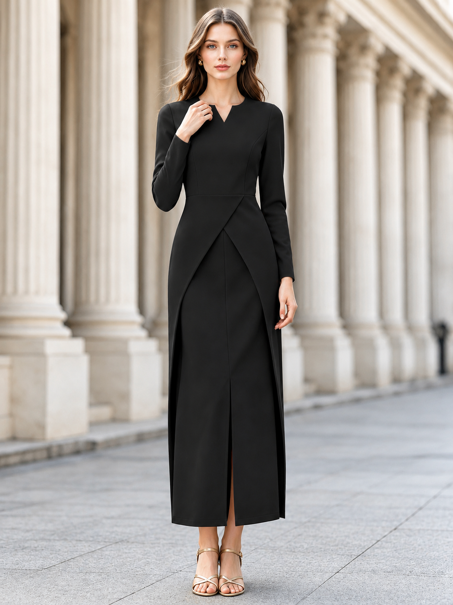 Split Fake Two-piece Layered Long Sleeve Sheath Dress Black/M