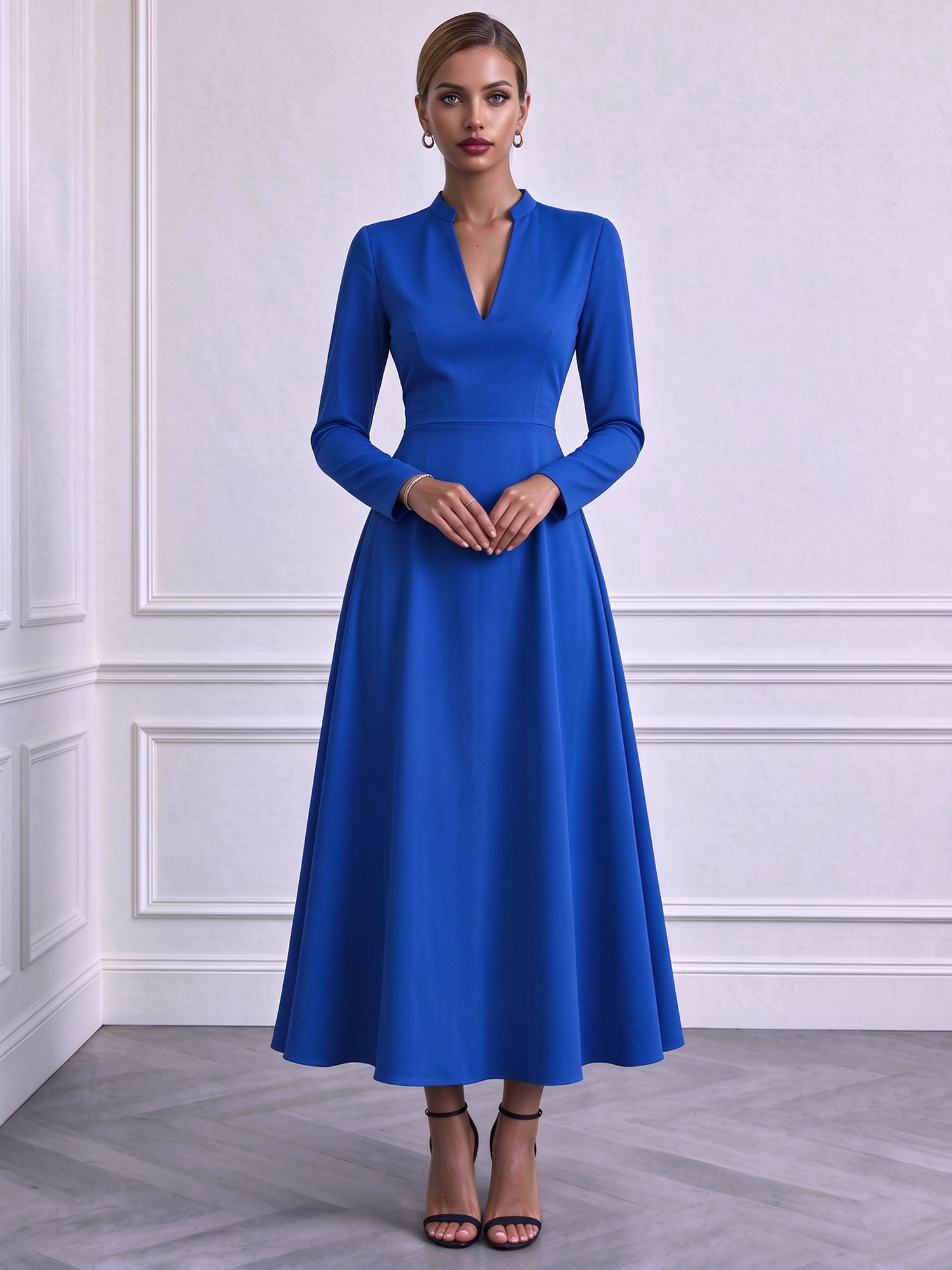 V Neck Long Sleeves Solid Color A-Line Dress Blue/2XL