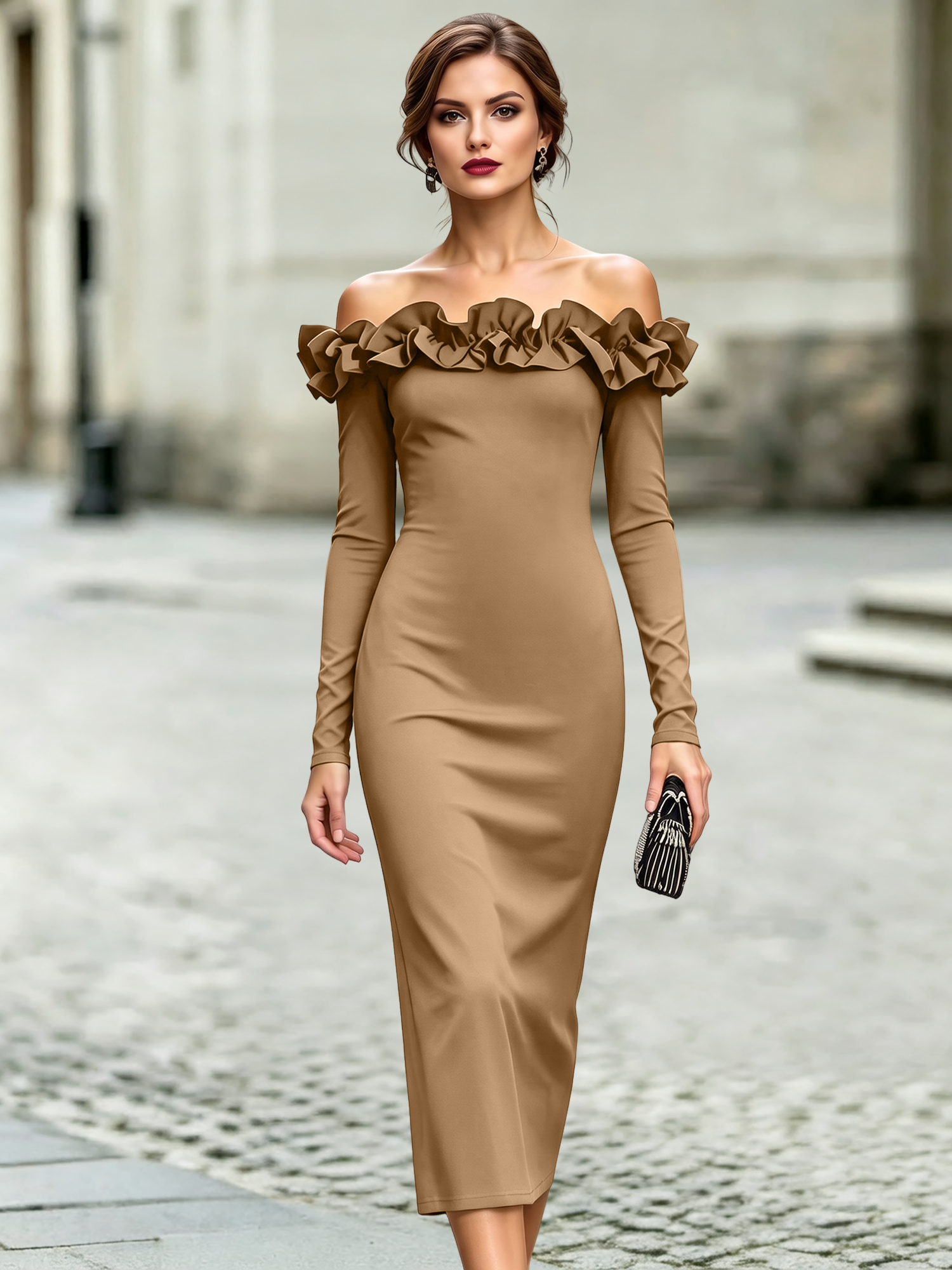 Off Shoulder Ruffled Long Sleeves Bodycon Midi Dress Khaki/S