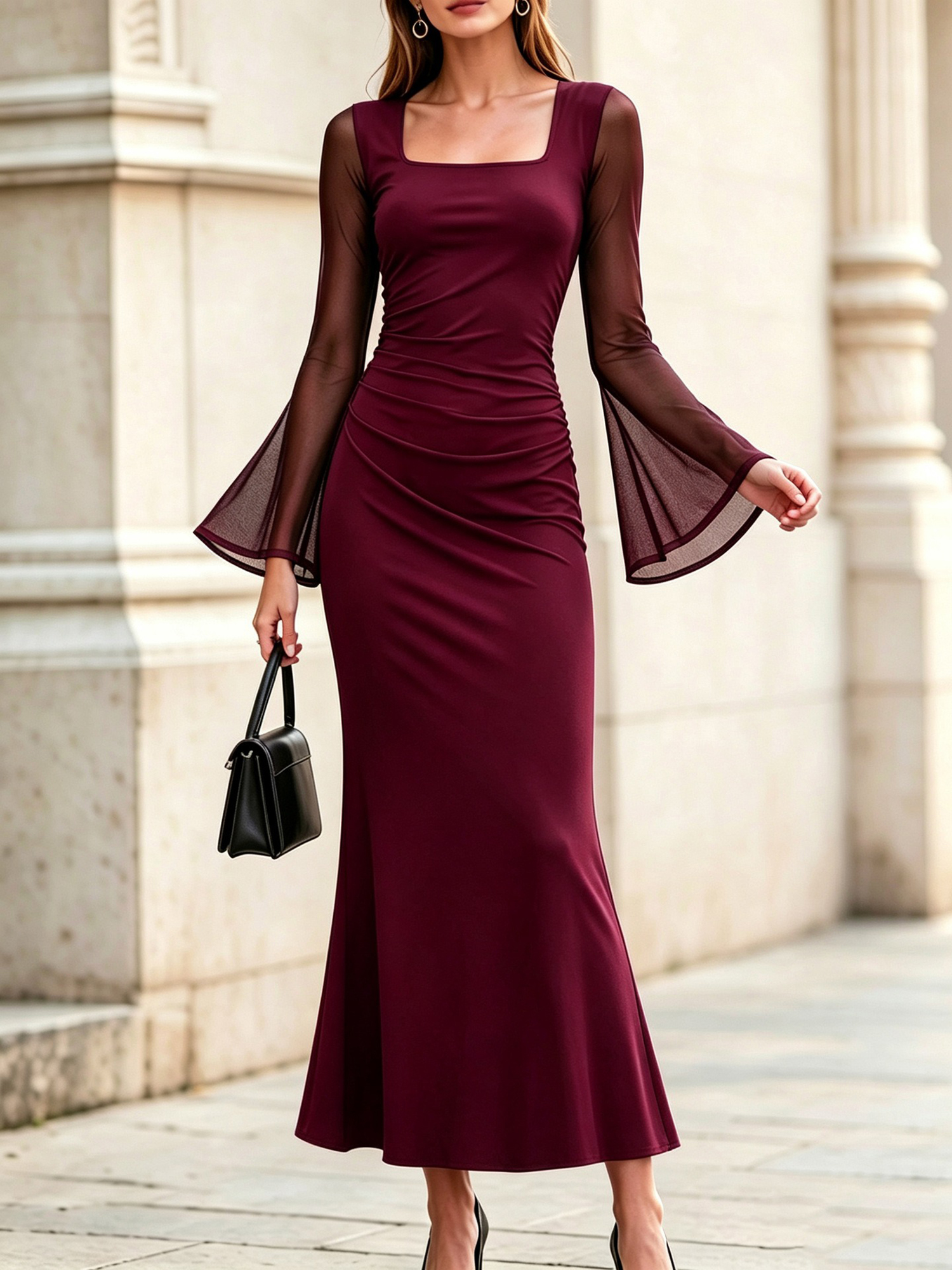 Square Neck See-through Mesh Bell Sleeve Maxi Dress Burgundy/XL
