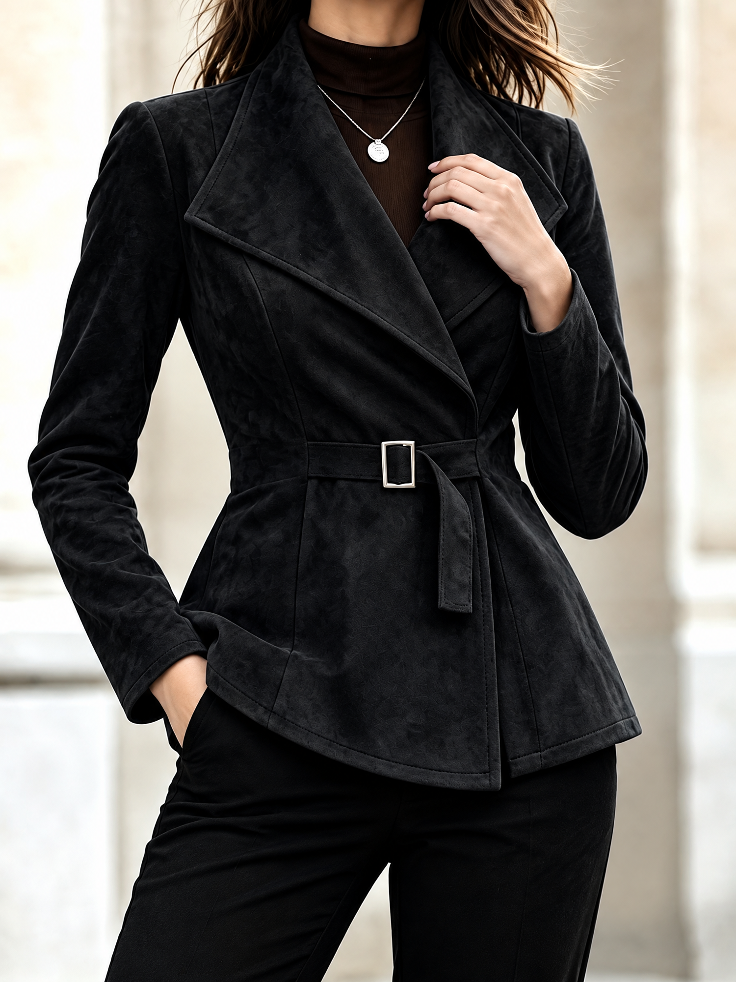 Faux Suede Long Sleeves Cinched Waist Jacket Black/L
