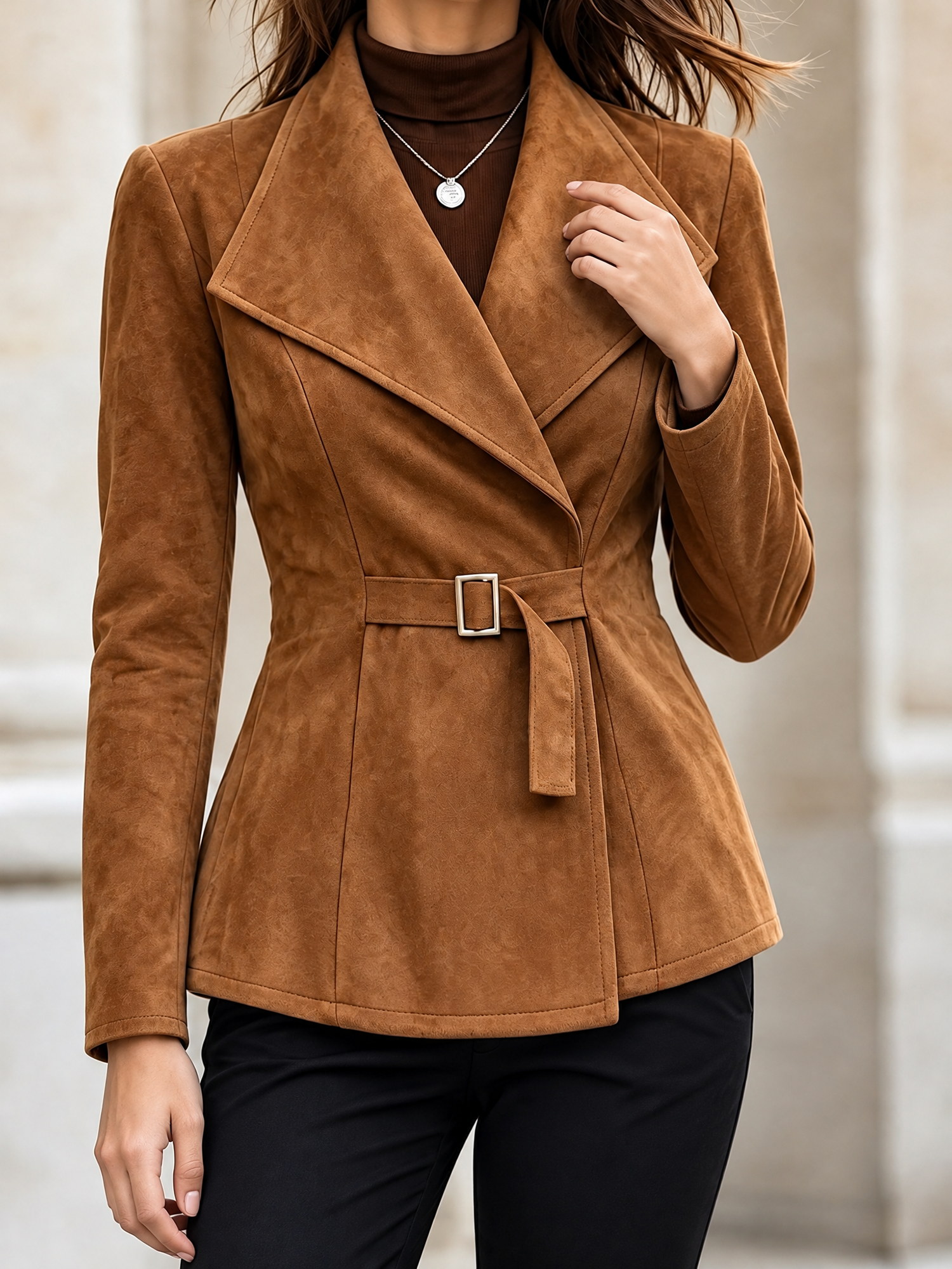 Faux Suede Long Sleeves Cinched Waist Jacket Caramel/S