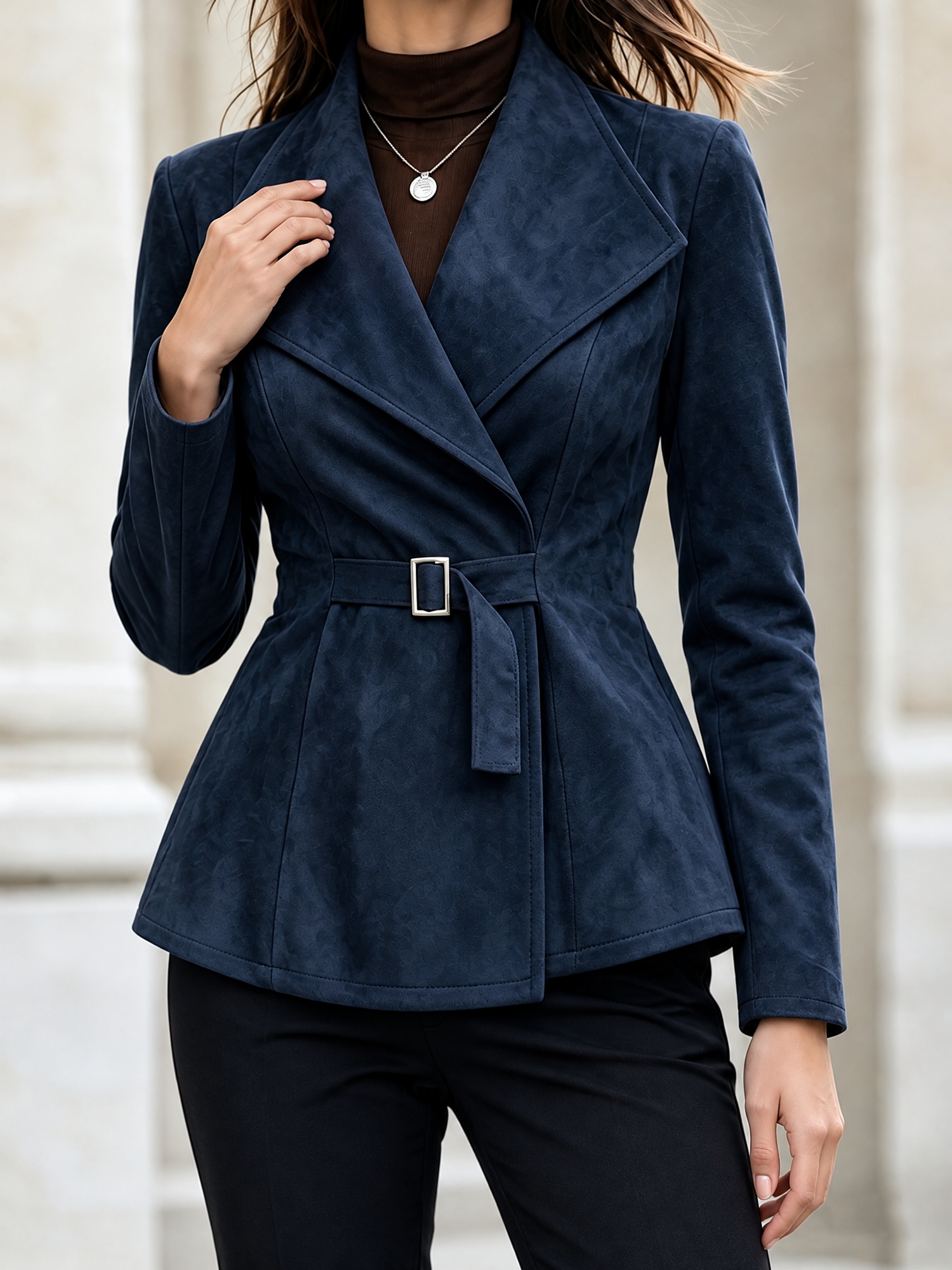 Faux Suede Long Sleeves Cinched Waist Jacket Navy Blue/S