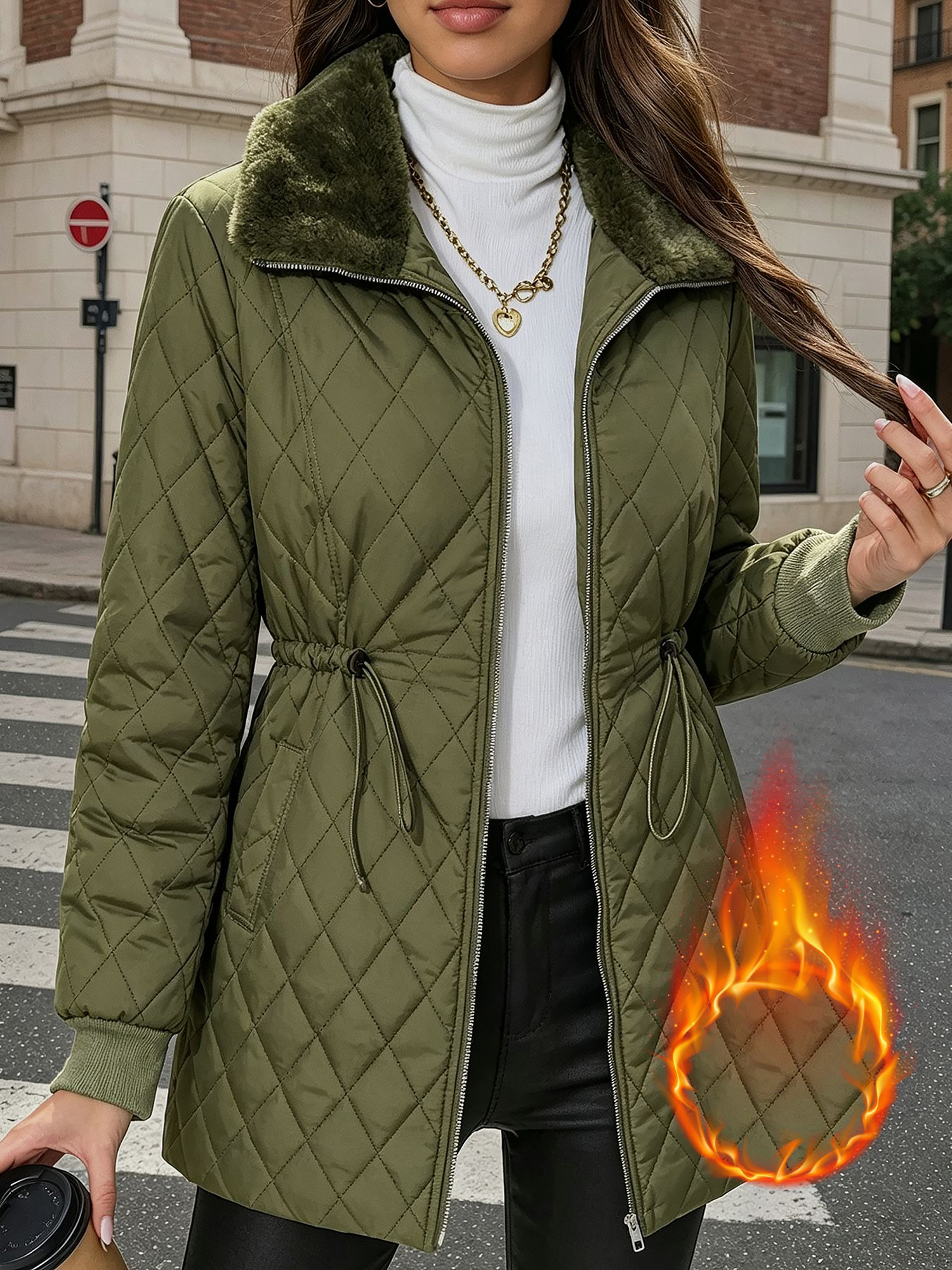 Diamond Grid Cinched Waist Quilted Mid-Length Jacket Army Diamond Grid Cinched Waist Quilted Mid-Length Jacket Army