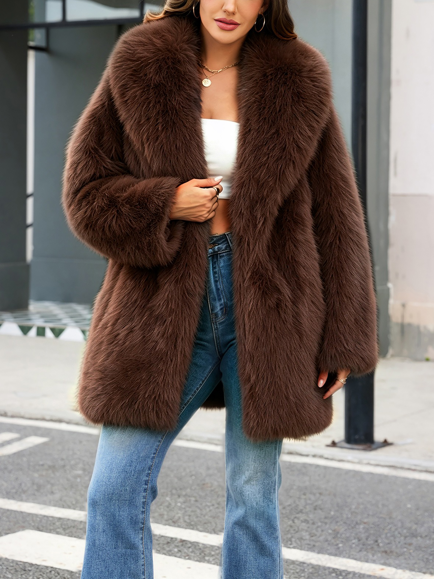 Solor Color Long Sleeves Open Front Faux Fur Coat Coffee/L