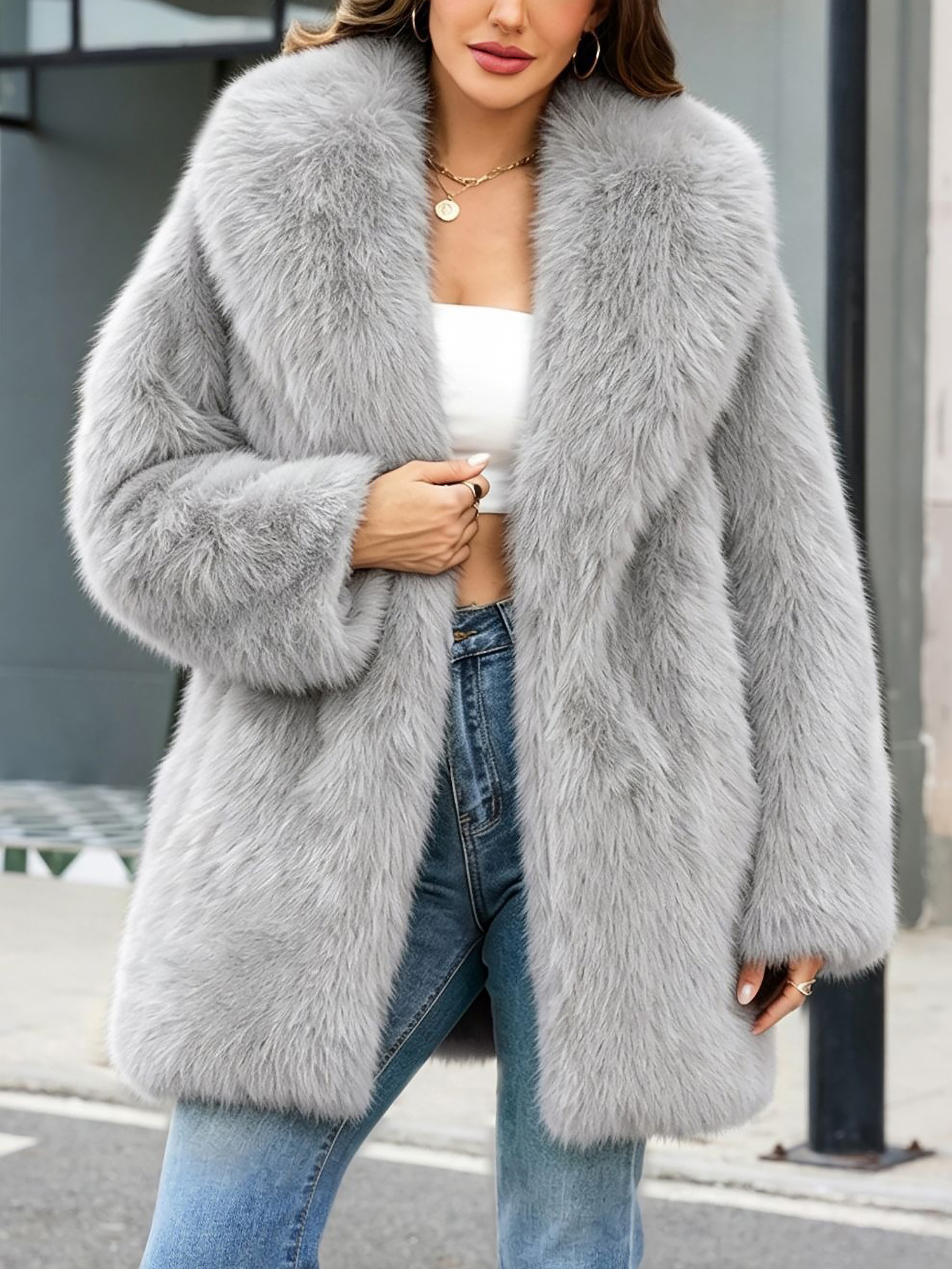 Solor Color Long Sleeves Open Front Faux Fur Coat Light Gray/S